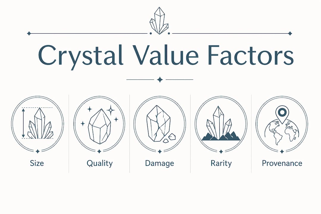 Infographic illustrating key factors in crystal specimen valuation