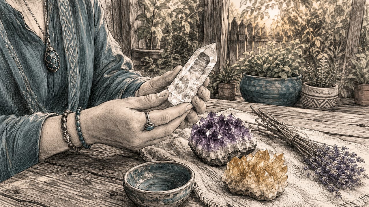 Hands holding clear quartz preparing for Reiki session