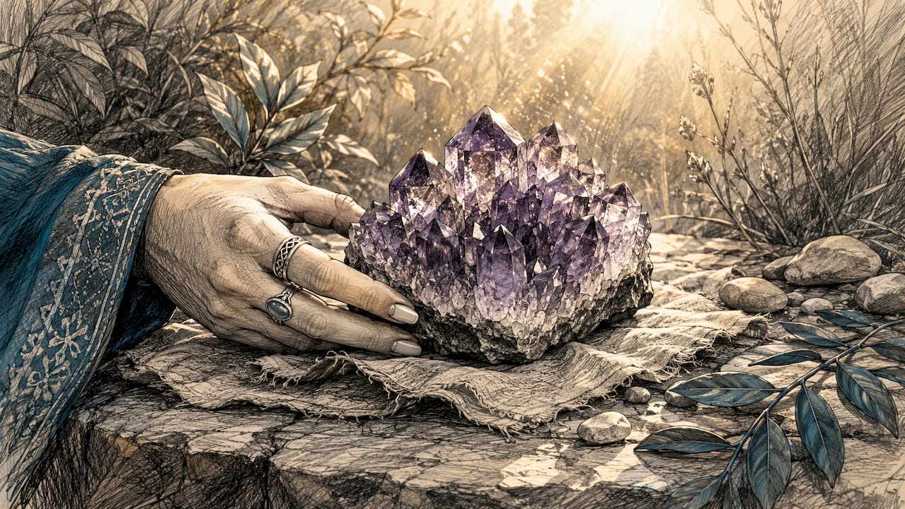 Close-up of amethyst cluster with hand touch, studio lighting