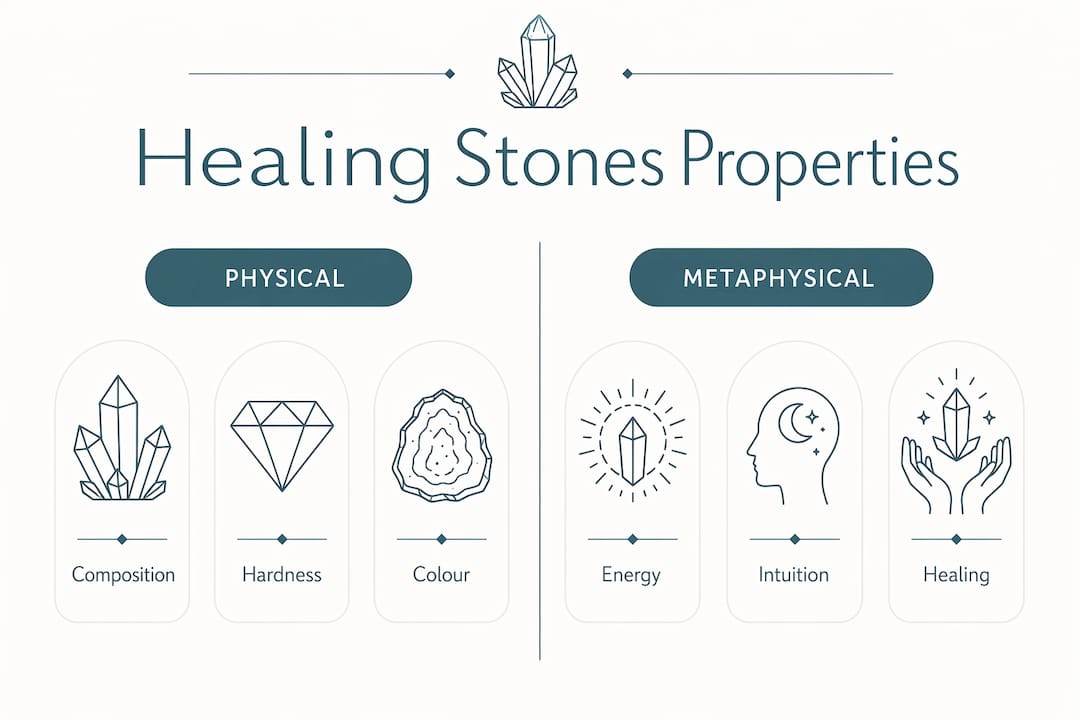 Infographic comparing physical and metaphysical properties of healing stones