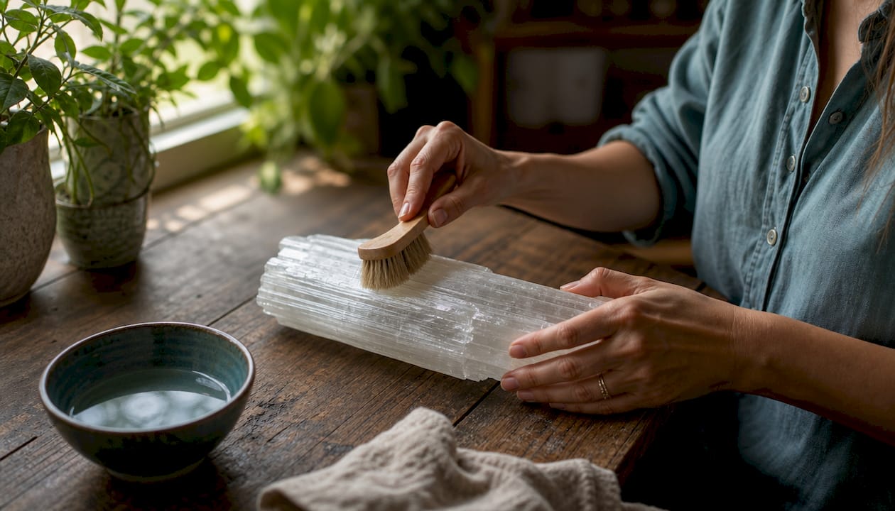 Hands cleaning selenite crystal with soft brush