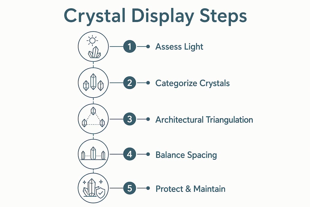 Infographic illustrating steps for crystal display arrangement
