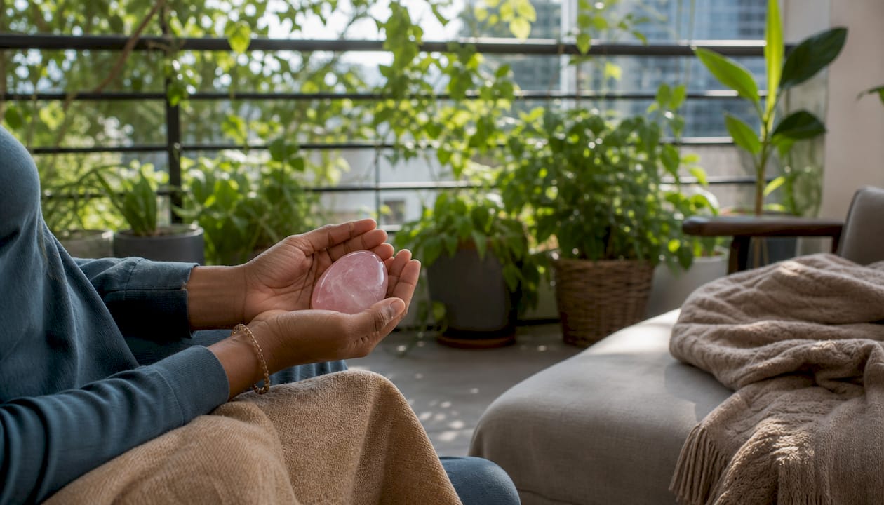 Hands holding rose quartz during meditation
