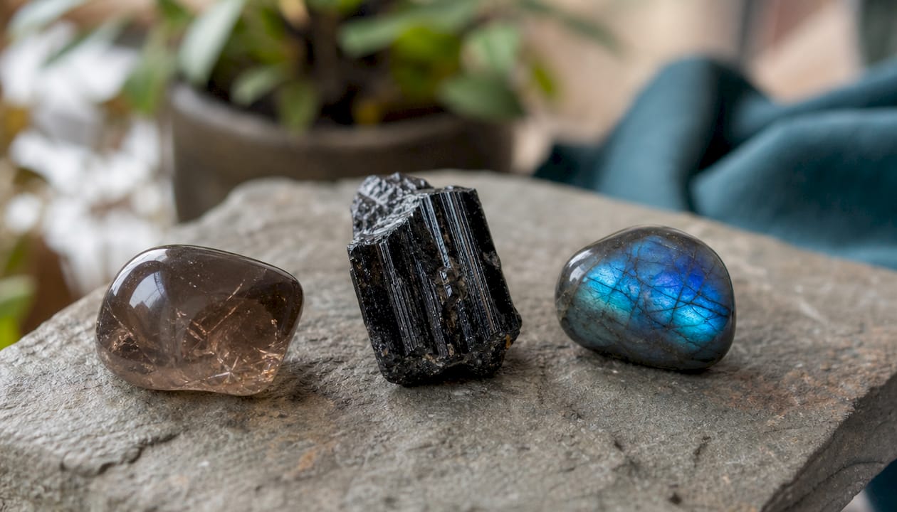 Close-up of smoky quartz, black tourmaline, and labradorite crystals