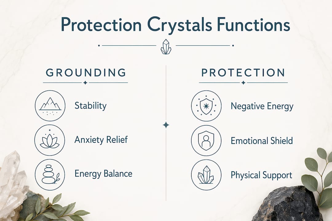 Infographic comparing grounding and protection crystal functions