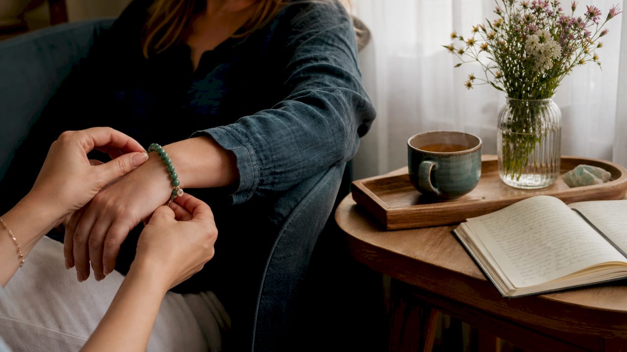 Hands adjusting rose quartz bracelet intentionally