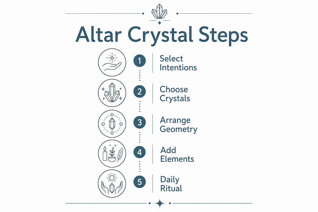 Infographic illustrating steps for arranging a crystal altar