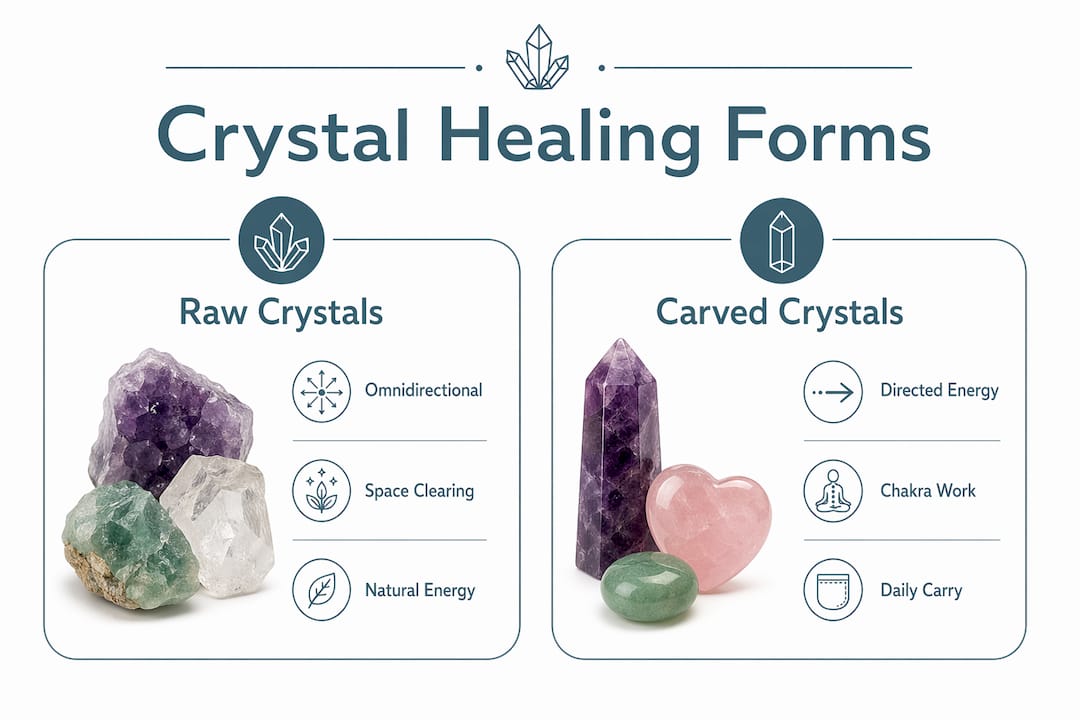 Infographic comparing raw and carved crystals for healing uses