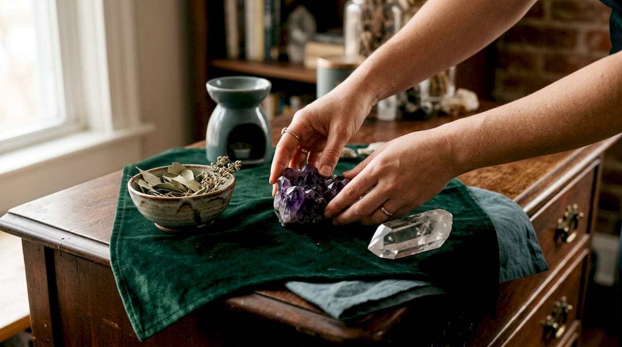 Hands placing Amethyst on linen cloth with lavender
