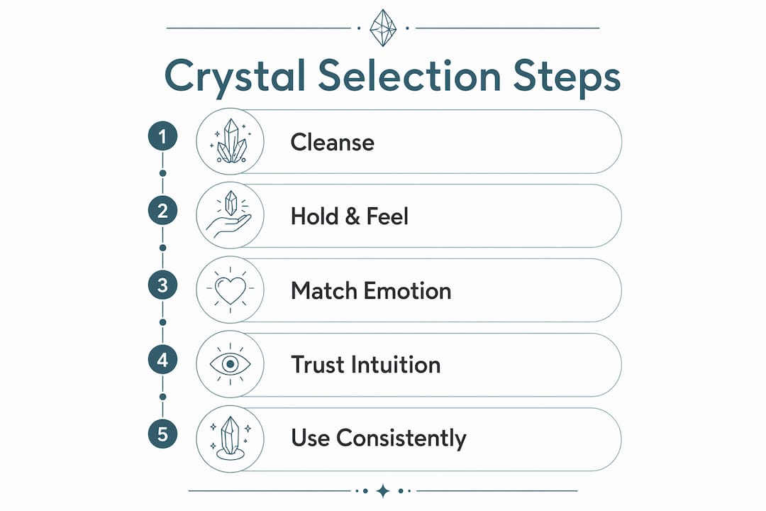 Infographic illustrating steps to select healing crystals