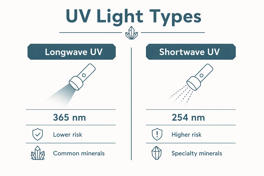 Infographic comparing longwave and shortwave UV types for minerals