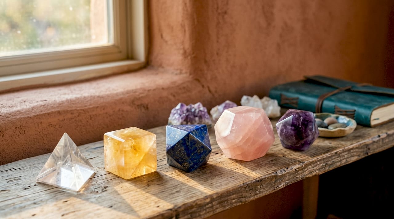 Five Platonic solid-shaped crystals overhead