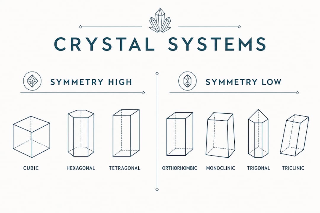 Infographic showing seven crystal systems categorized by symmetry