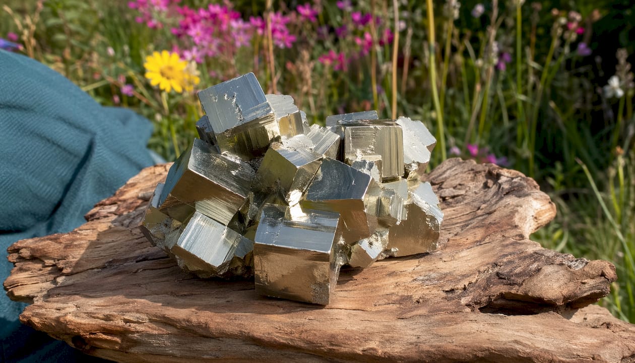 Close-up of cubic pyrite crystal cluster