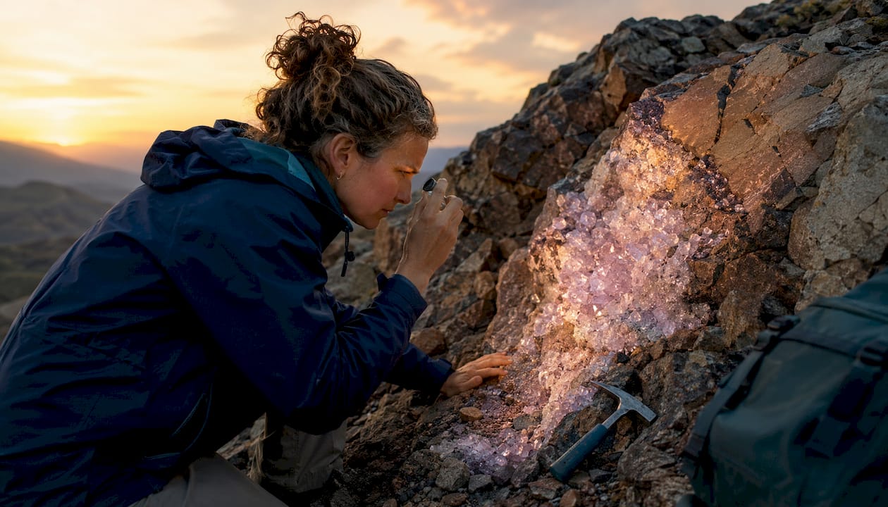 Geologist inspecting druse crystals on rock outdoors