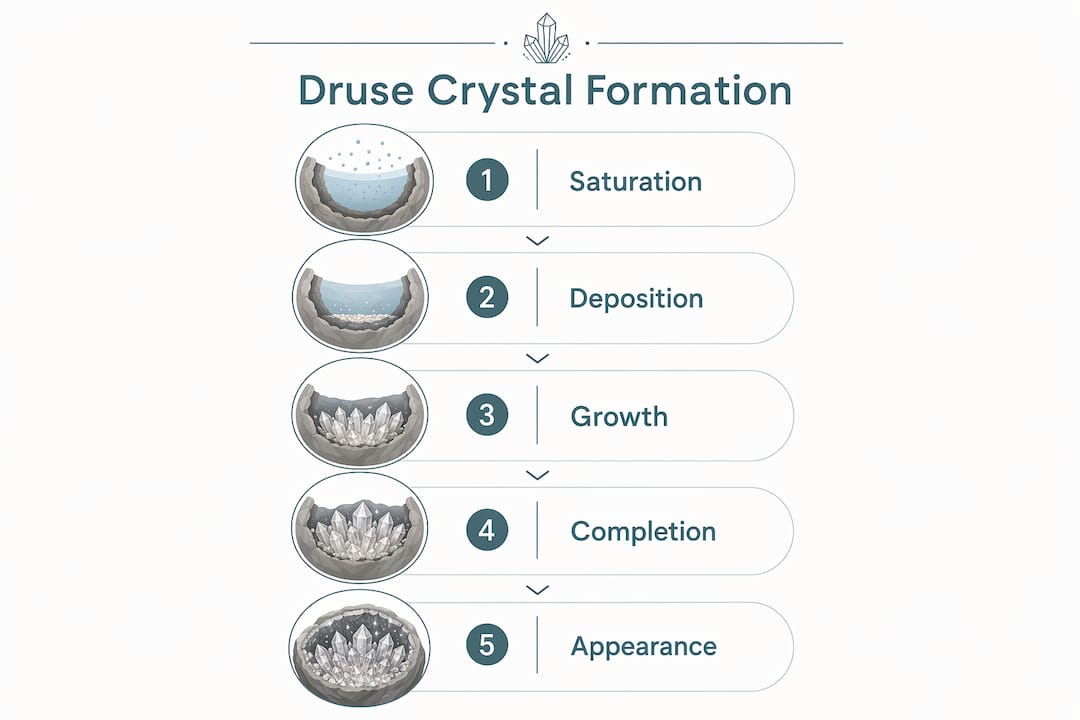 Infographic illustrating stages of druse crystal formation