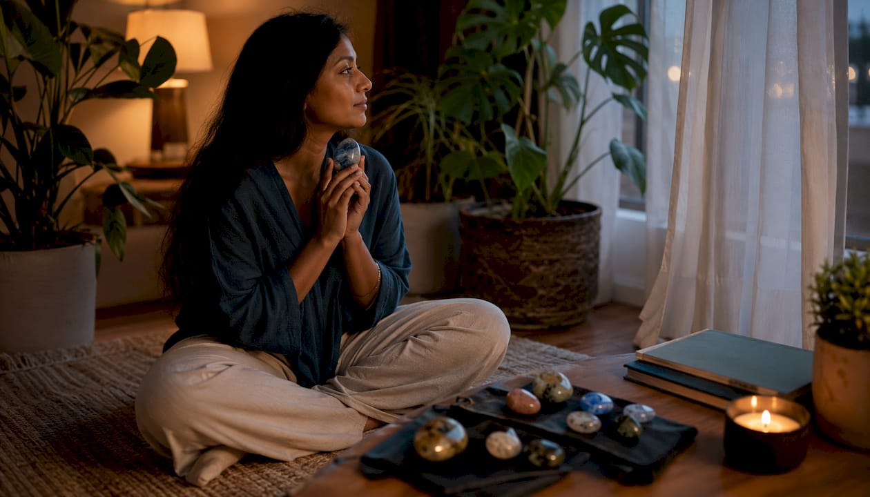 Woman meditating with labradorite stones outdoors
