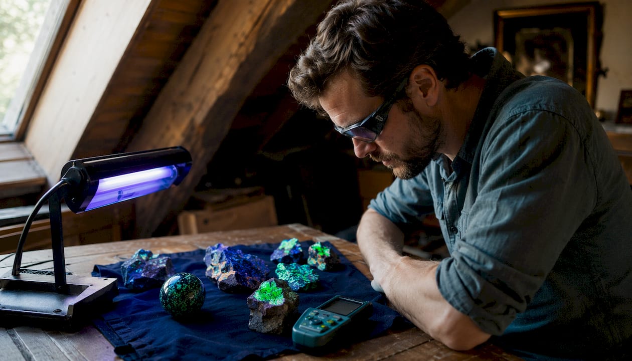 Side view of collector using UV glasses viewing minerals