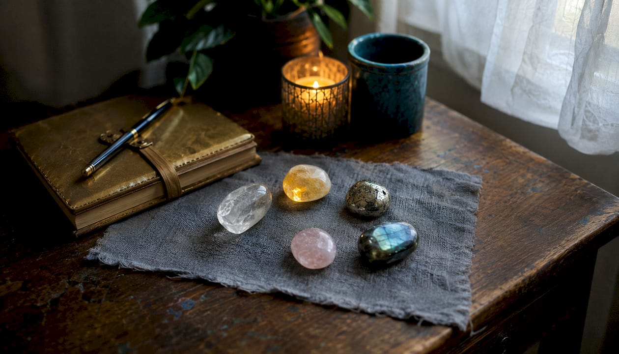 Collection of manifestation crystals on table