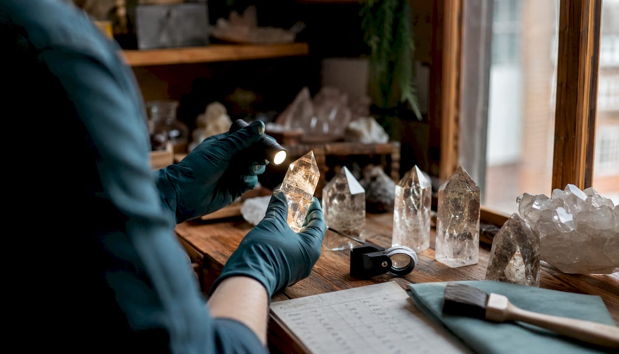 Overhead view crystal identification on workbench