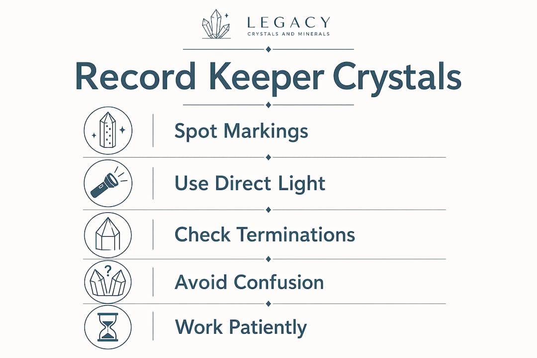 Infographic showing steps to identify record keeper crystals