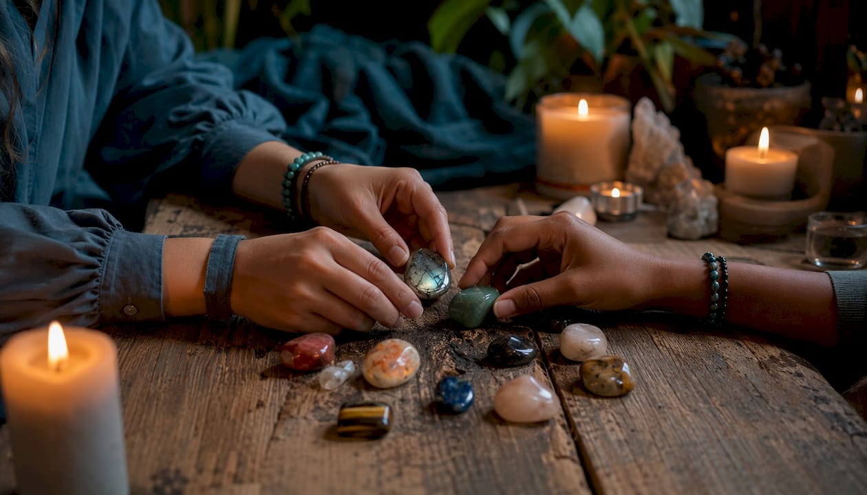 Hands arranging healing crystals daily