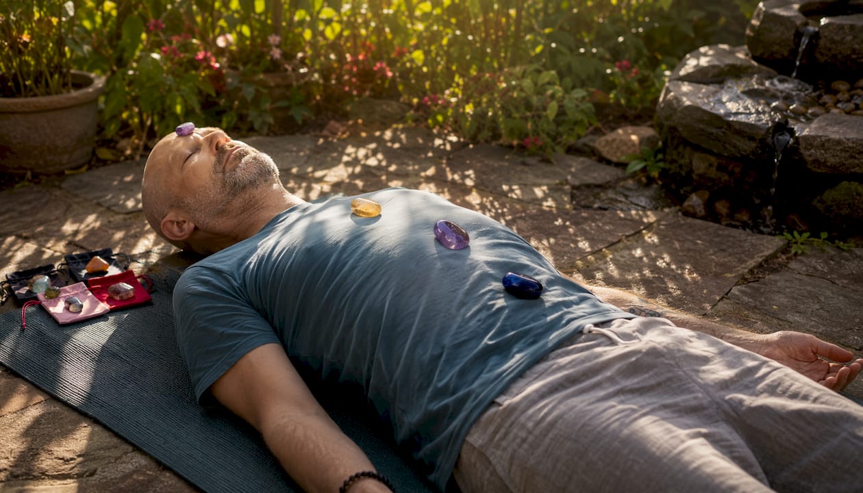 Crystals placed on body during yoga Savasana