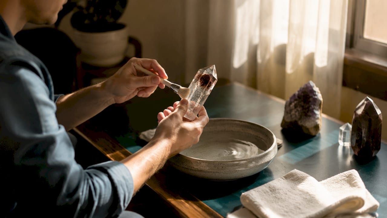Hands carefully cleaning phantom quartz crystal