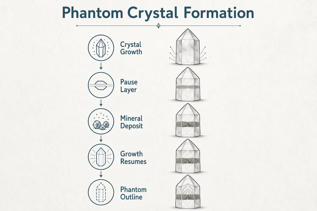 Infographic showing phantom crystal formation steps with clear numbered flow