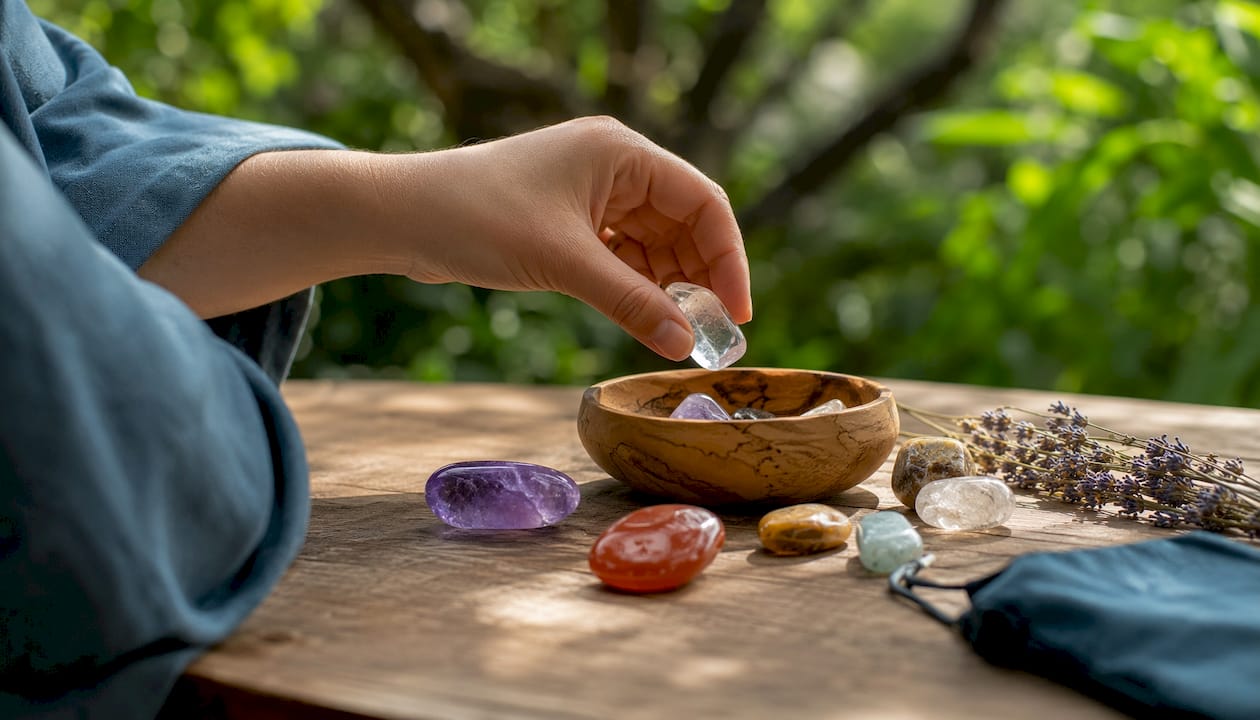 Hand holding clear quartz linking two stones