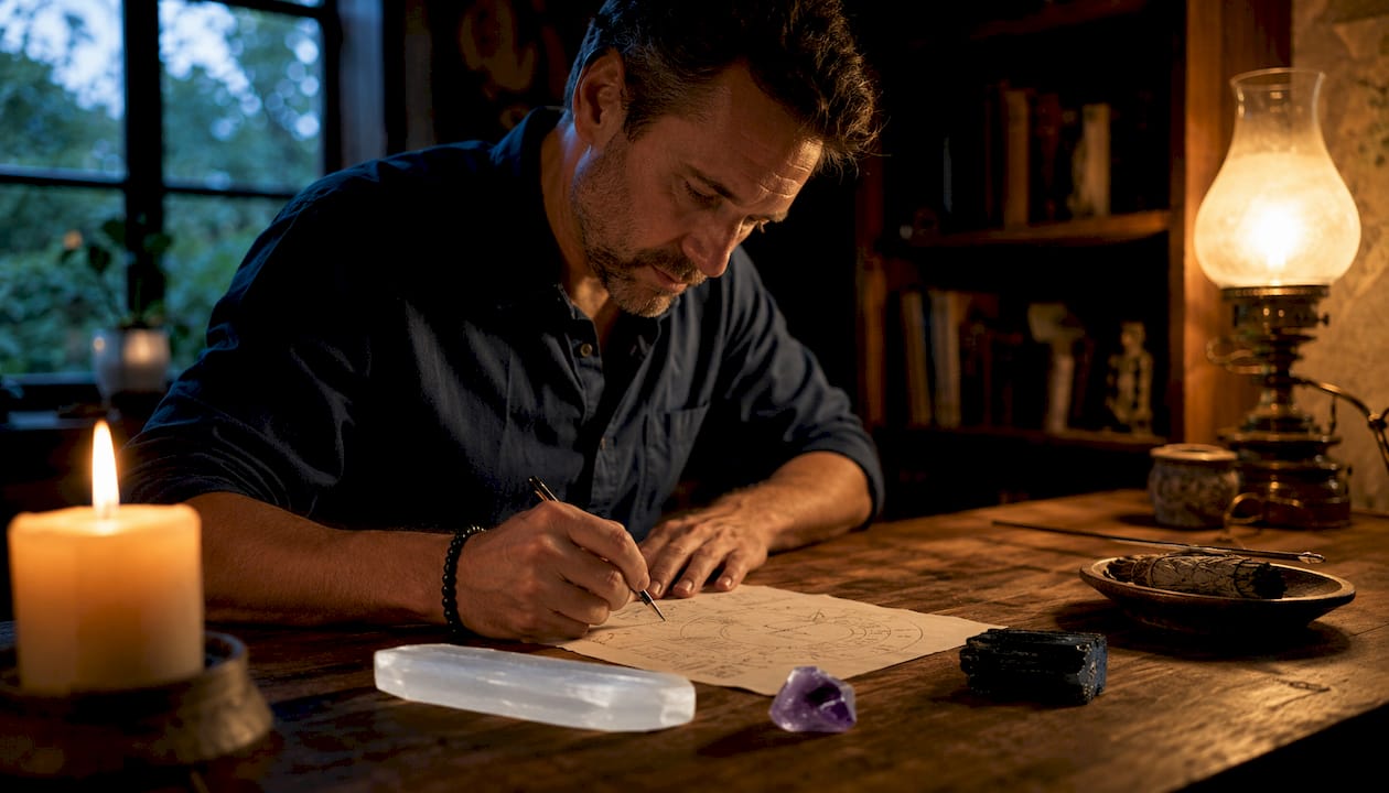 Man writing moon ritual template by candlelight