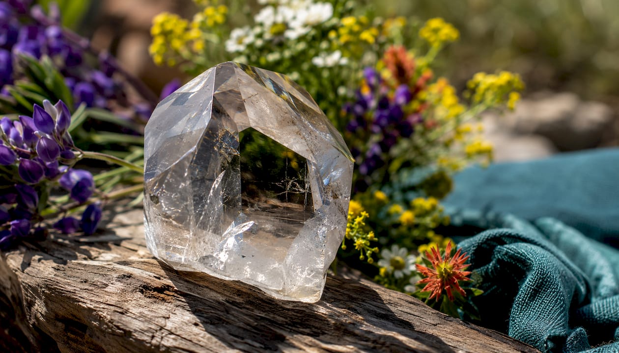 Macro view of sharp quartz window facet geometry