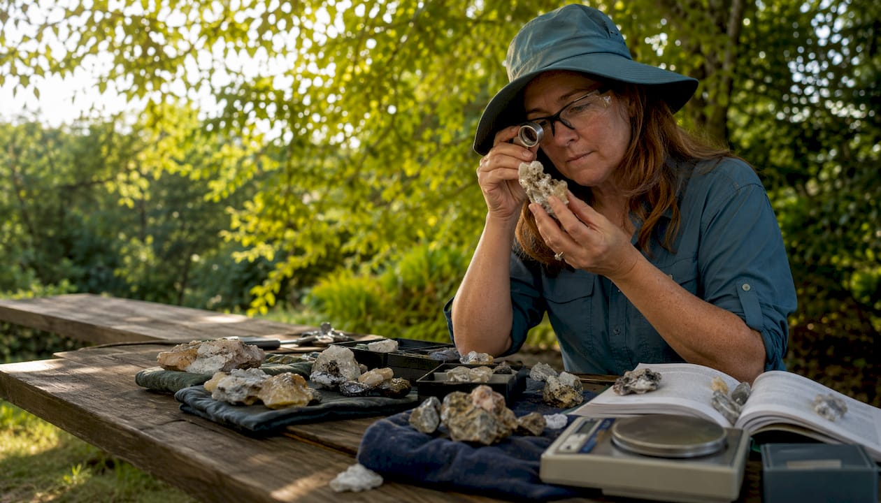 Mineralogist examining skeletal crystal with loupe