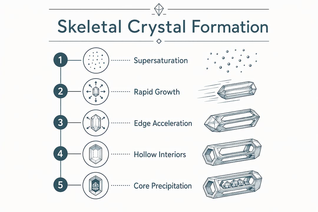 Infographic showing skeletal crystal formation stages