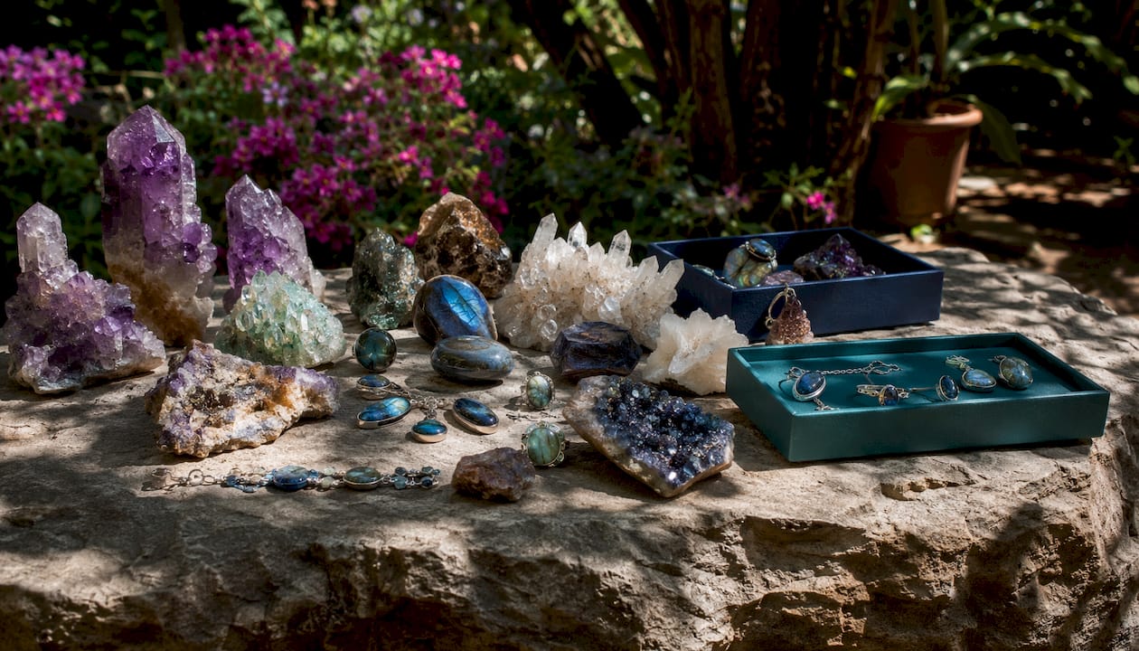 Display of museum-grade mineral specimens and jewelry