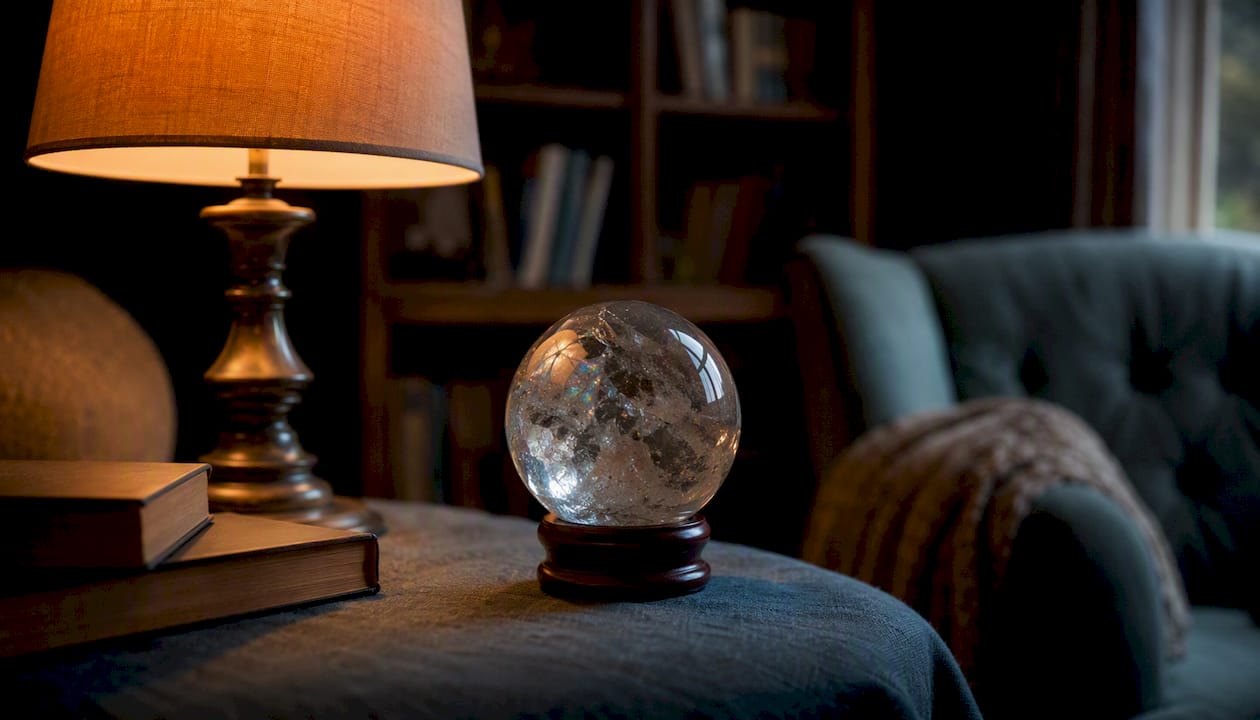 Crystal sphere on stand with lamp and linen textile