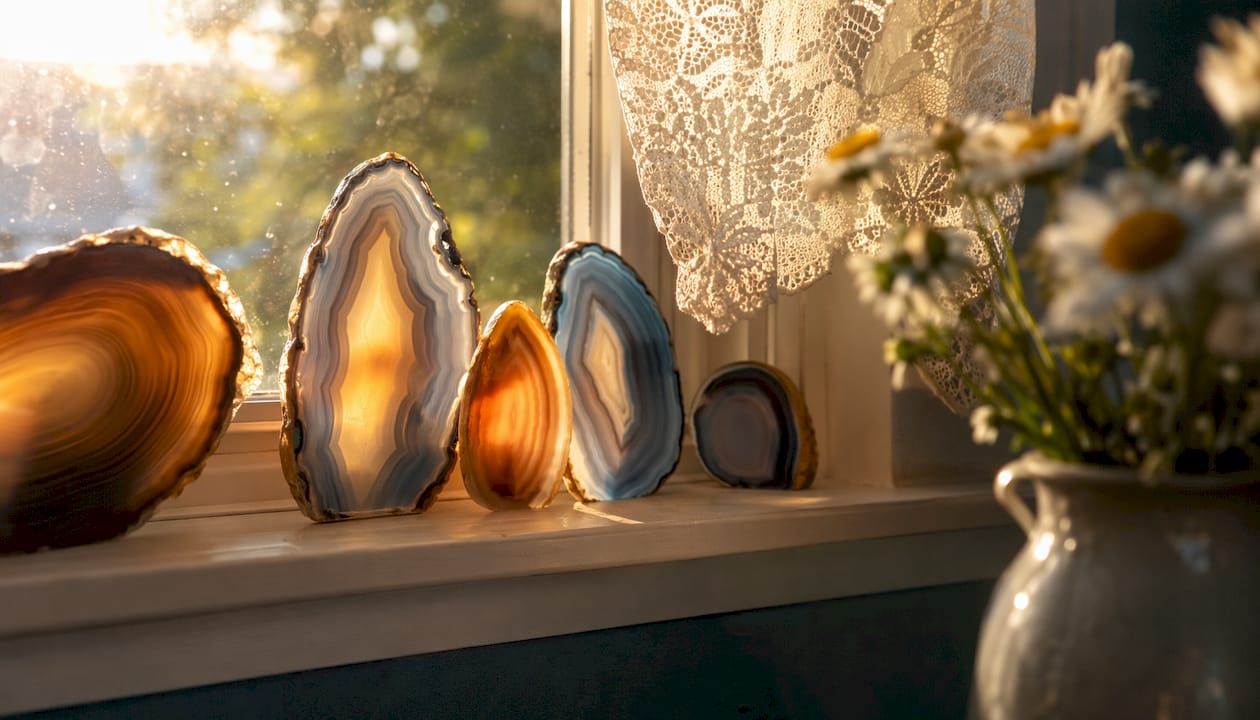 Backlit agate slices on sunlit windowsill