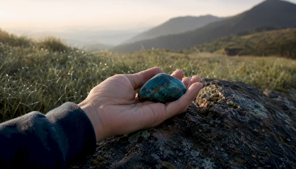 Hand holding turquoise stone to test temperature