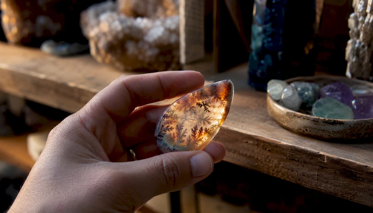 Hand rotating plume agate under light