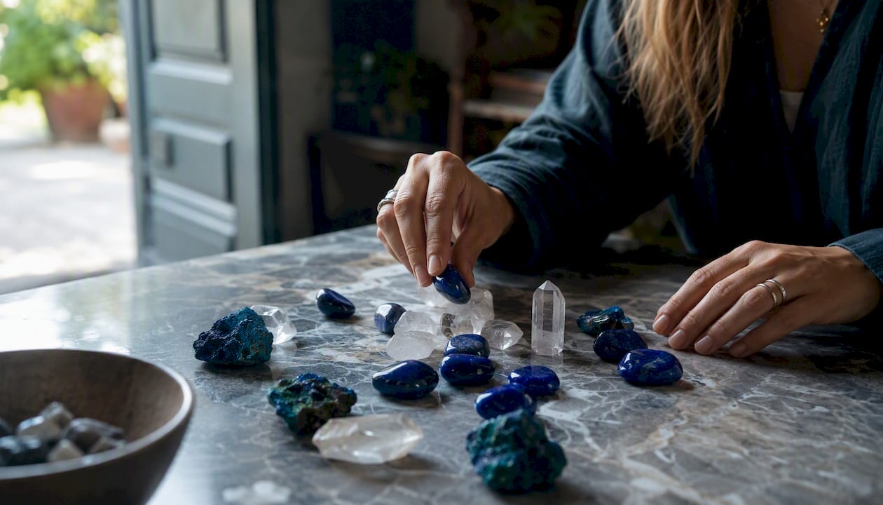 Crystal healing arrangement with lapis lazuli and quartz