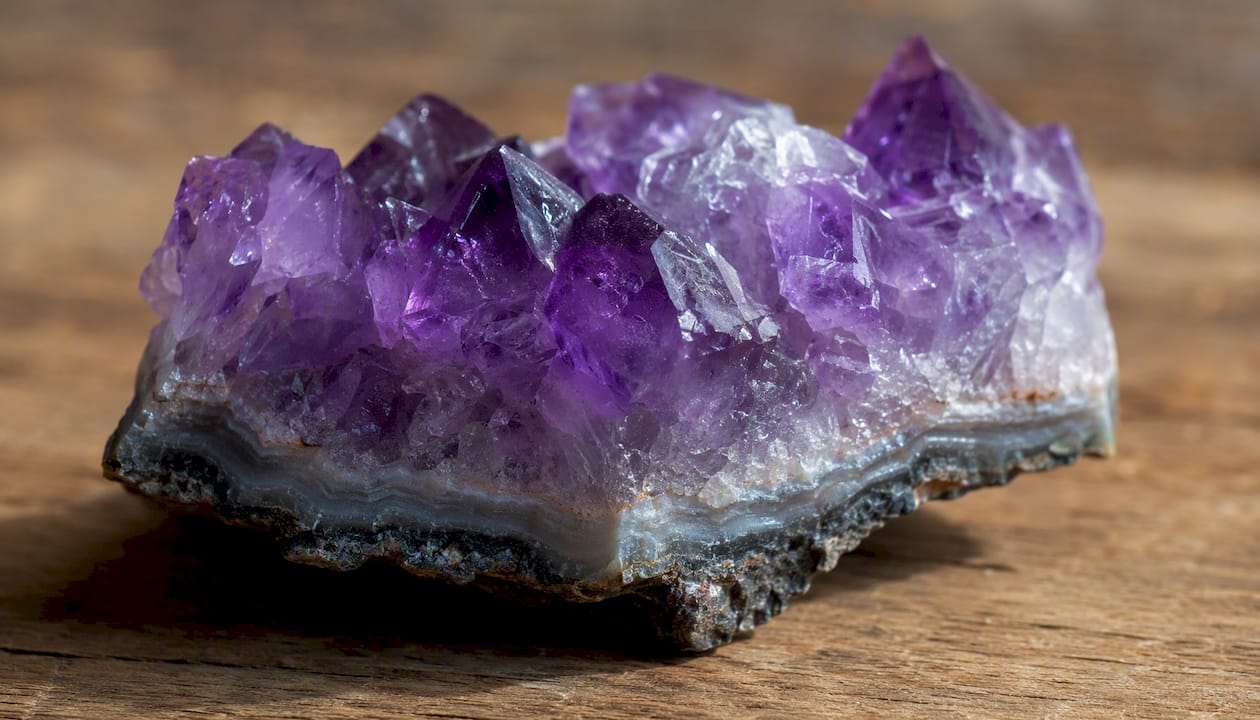 Natural amethyst cluster showing growth layers