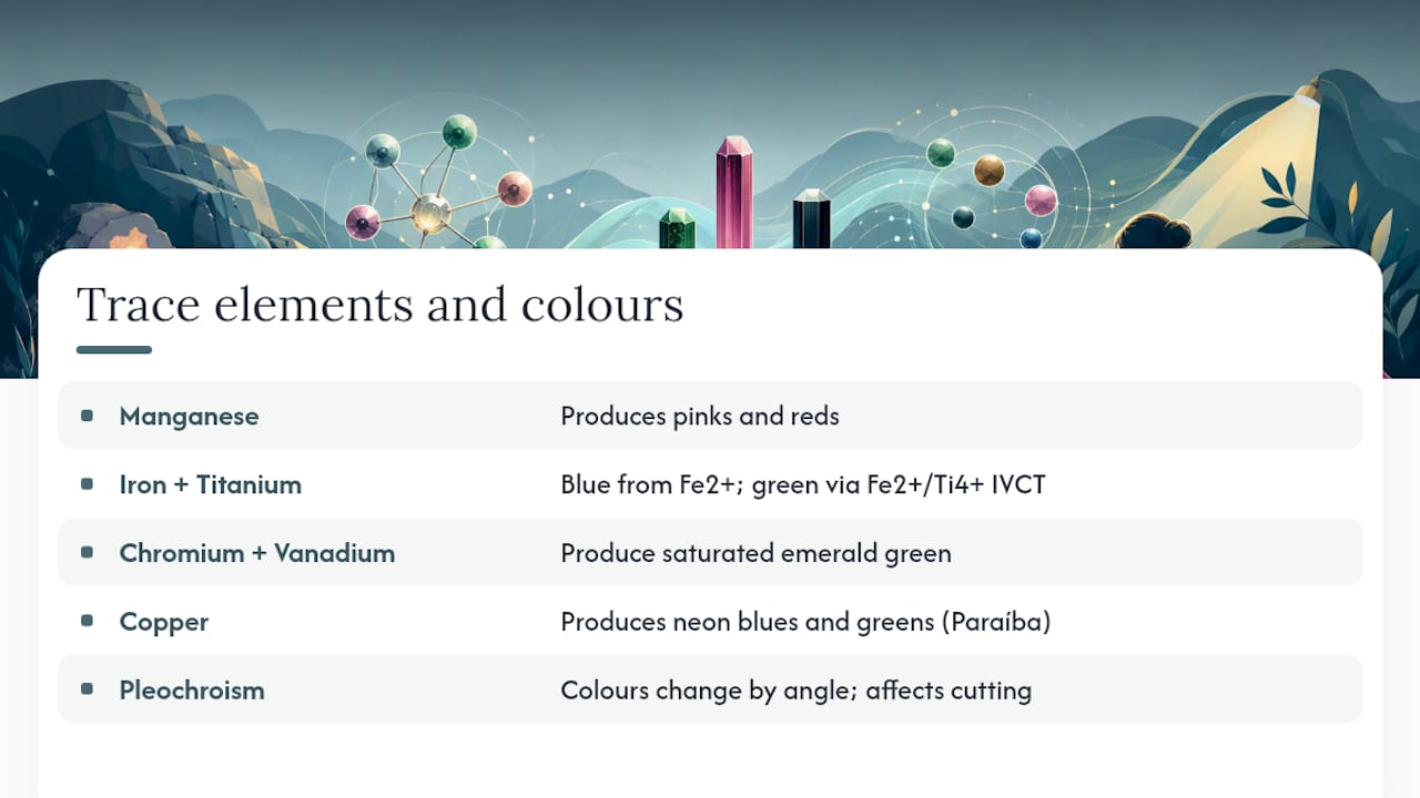 What causes tourmaline's colours and optical effects? — overview diagram