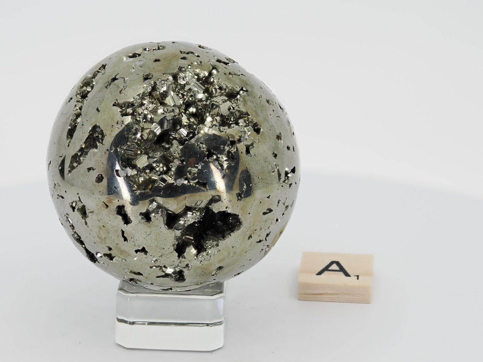 Golden Pyrite Sphere with Crystal Vugs – Peru (52mm-57mm)