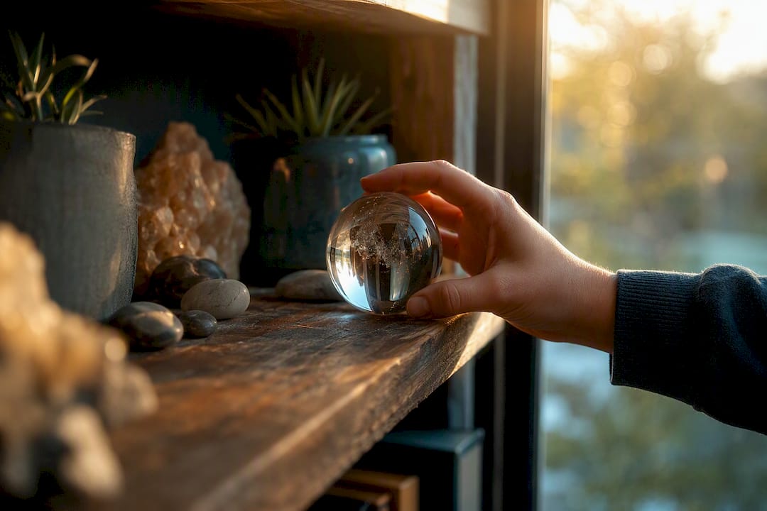 Hand placing crystal sphere on shelf