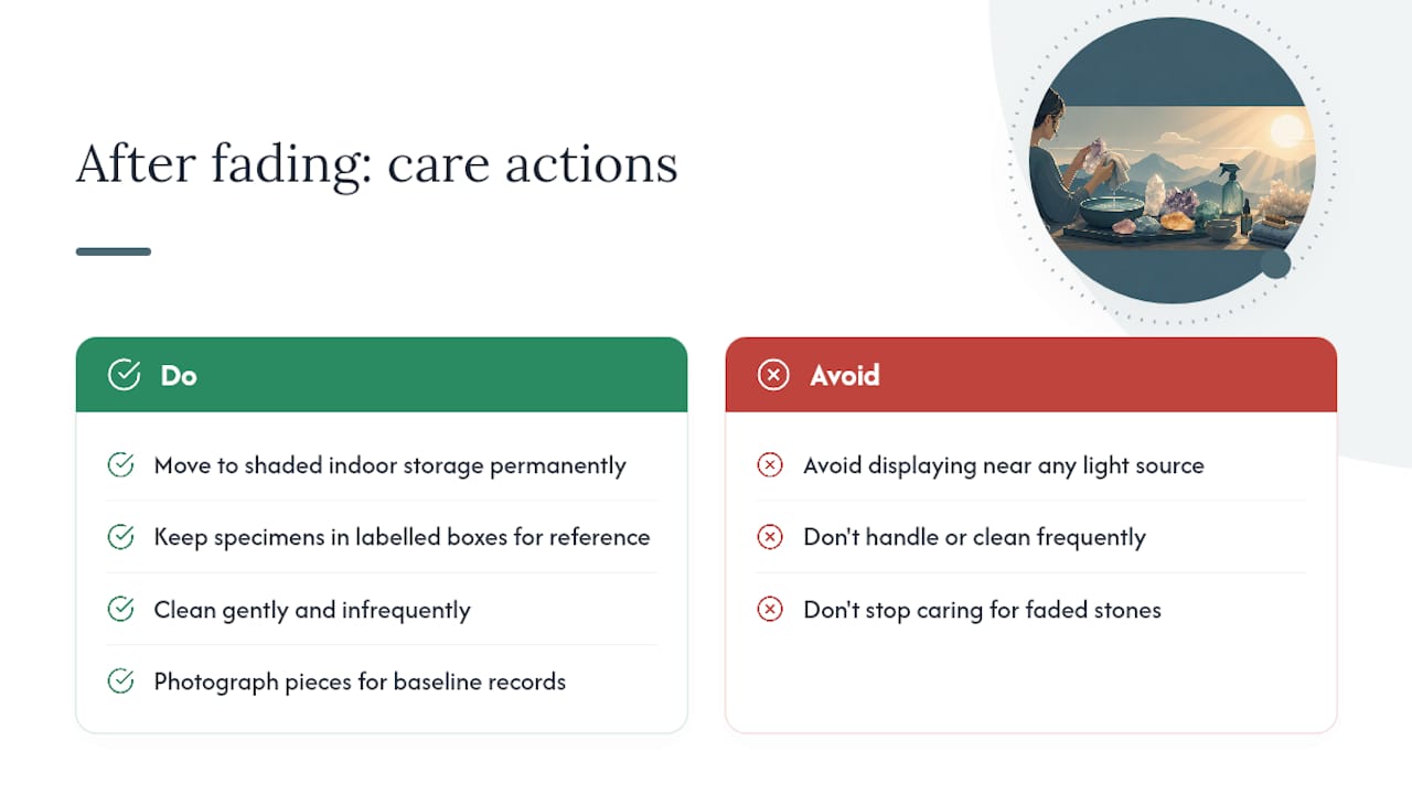 Caring for crystals after fading has already happened — overview diagram