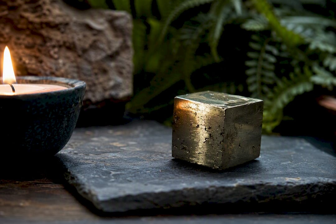 Pyrite cube on wooden desktop altar