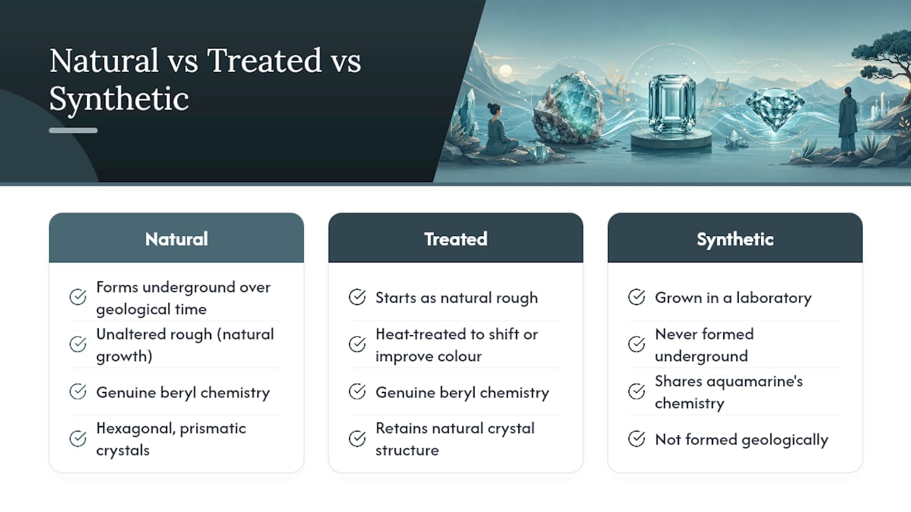 Natural treated and synthetic aquamarine comparison