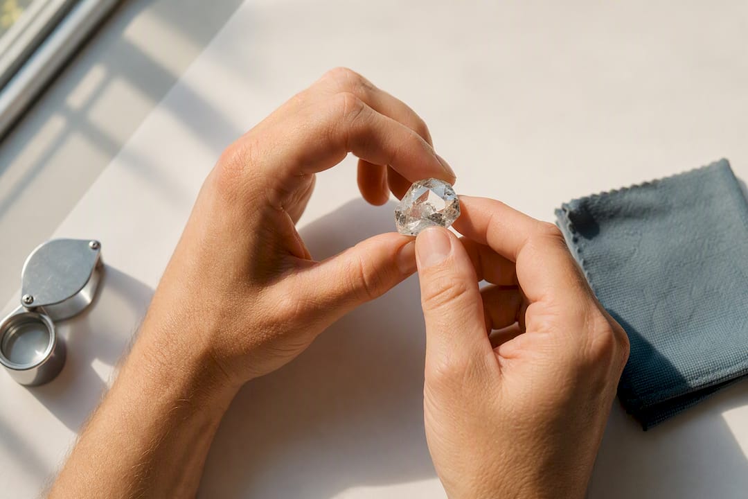 Hands rotating quartz for natural-light inspection