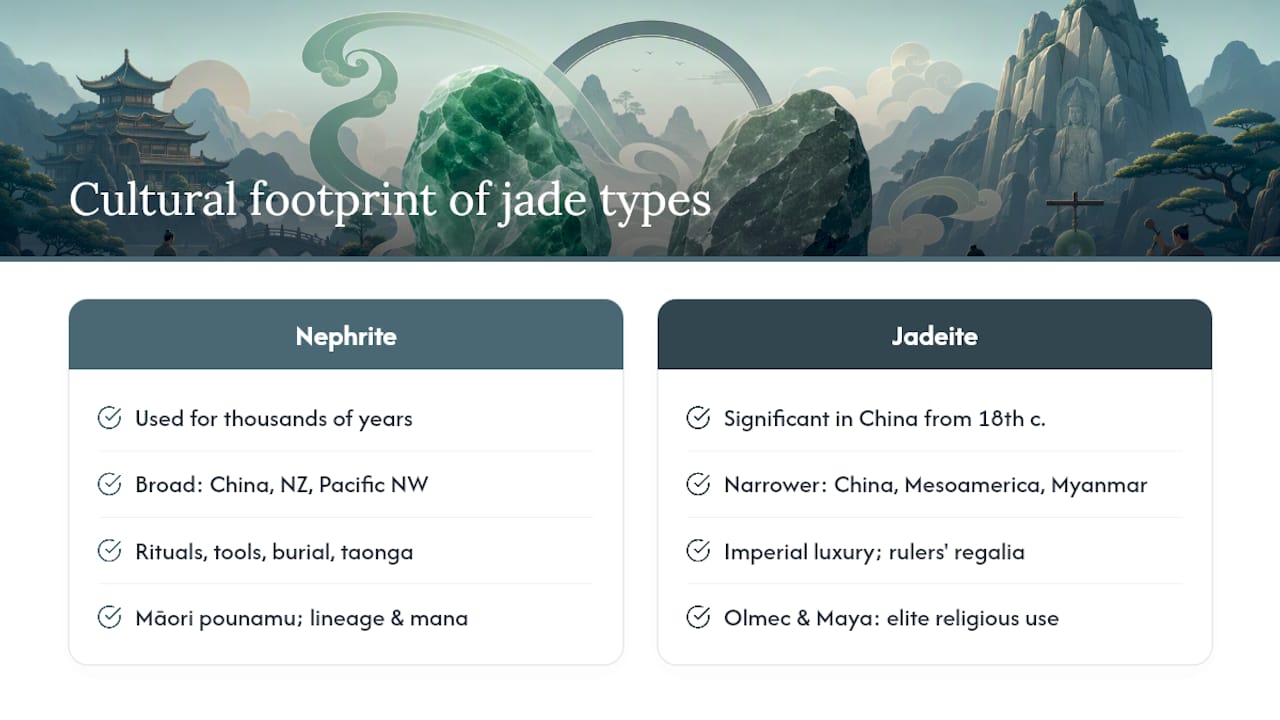 Jade's cultural weight, from imperial China to Māori taonga — overview diagram