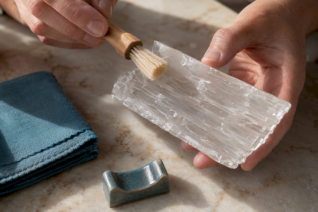 Soft brush cleaning fragile selenite